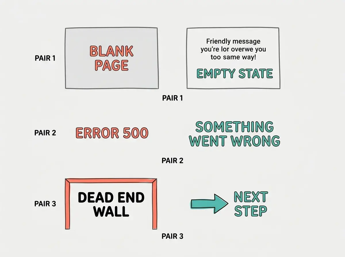 Three before/after pairs: BLANK PAGE vs EMPTY STATE, ERROR 500 vs SOMETHING WENT WRONG, dead end vs NEXT STEP. Before in coral, after in teal.
