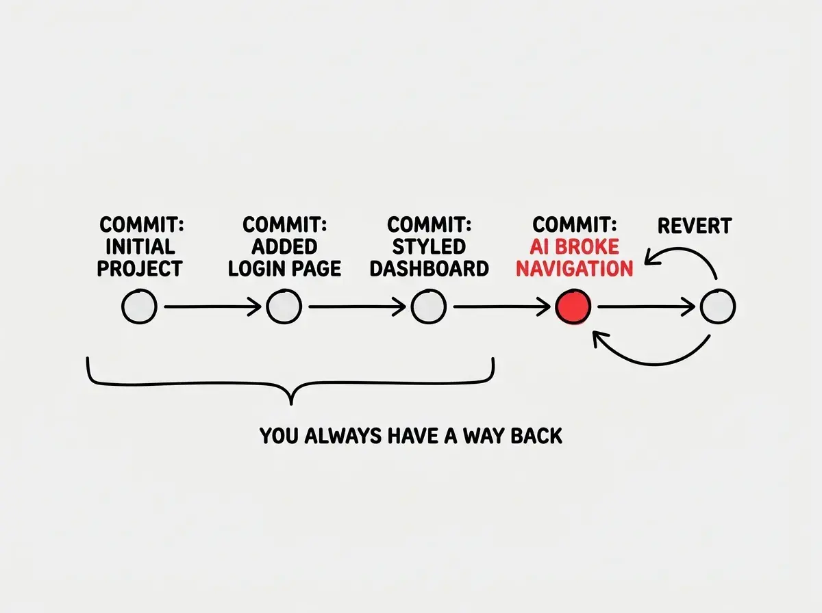 EXPLAINER DIAGRAM: A horizontal timeline showing five circular nodes connected by arrows flowing left to right. Each node is labeled as a COMMIT with a short message below it. Node 1 reads INITIAL PROJECT. Node 2 reads ADDED LOGIN PAGE. Node 3 reads STYLED DASHBOARD. Node 4 is highlighted in red and reads AI BROKE NAVIGATION. Node 5 shows a curved arrow jumping back from Node 4 to Node 3, labeled REVERT. Below the timeline, a bracket groups Nodes 1 through 3 and reads SAFE SAVE POINTS. A callout box to the right reads YOU ALWAYS HAVE A WAY BACK.