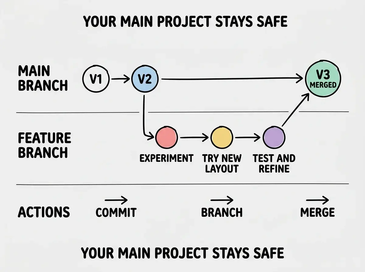 EXPLAINER DIAGRAM: A vertical flowchart with three swim lanes side by side labeled MAIN BRANCH, FEATURE BRANCH, and ACTIONS. In the MAIN BRANCH lane, three nodes flow downward labeled V1 WORKING APP, V2 NEW HEADER, and V3 MERGED RESULT. From the V2 node, a horizontal arrow crosses into the FEATURE BRANCH lane to a node labeled EXPERIMENT START. Below that, two more nodes read TRY NEW LAYOUT and TEST AND REFINE. A horizontal arrow from TEST AND REFINE crosses back to V3 MERGED RESULT in the MAIN BRANCH lane, labeled MERGE. In the ACTIONS lane, three labels align with each row reading COMMIT, BRANCH AND EXPERIMENT, and MERGE OR DELETE. A note at the bottom reads YOUR MAIN PROJECT STAYS SAFE WHILE YOU EXPERIMENT.