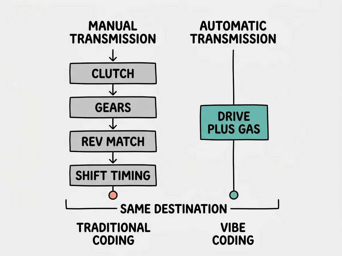 EXPLAINER DIAGRAM: Two parallel vertical lanes. Left lane labeled MANUAL TRANSMISSION with four stacked boxes in gray showing CLUTCH, GEARS, REV MATCH, and SHIFT TIMING with arrows connecting them downward. Right lane labeled AUTOMATIC TRANSMISSION with one single teal box showing DRIVE plus GAS. A horizontal bracket at the bottom labeled SAME DESTINATION connects both lanes. Below the bracket, two corresponding labels: TRADITIONAL CODING under the left lane and VIBE CODING under the right lane.