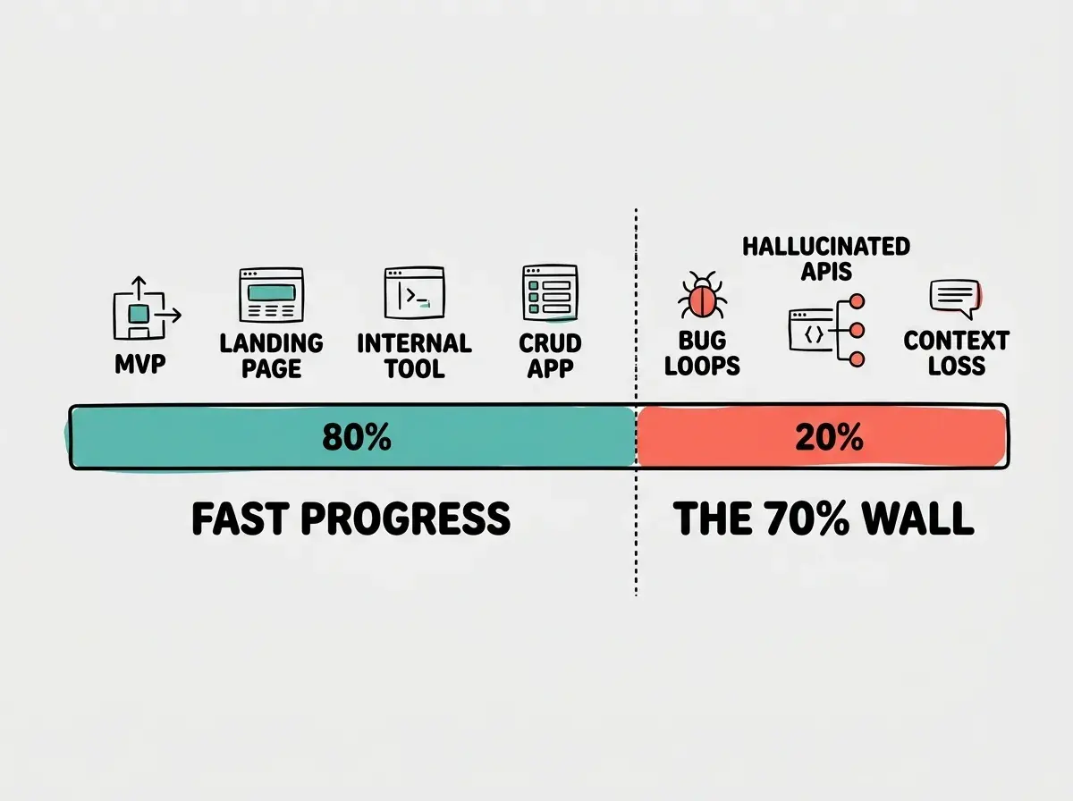 EXPLAINER DIAGRAM: A horizontal progress bar spanning left to right. The left 80% is filled in teal and labeled FAST PROGRESS with icons for MVP, LANDING PAGE, INTERNAL TOOL, CRUD APP. The right 20% is filled in coral red and labeled THE 70% WALL with icons for BUG LOOPS, HALLUCINATED APIS, CONTEXT LOSS. A dotted vertical line separates the two sections.