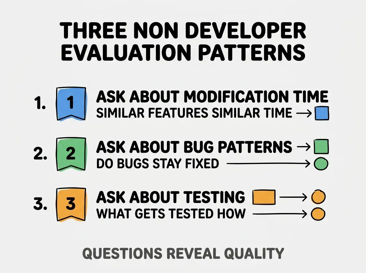Clean modern flat infographic on light gray background. Top title bold black: THREE NON DEVELOPER EVALUATION PATTERNS. Single vertical numbered list with three rows. Row 1 blue badge ASK ABOUT MODIFICATION TIME with subtitle SIMILAR FEATURES SIMILAR TIME. Row 2 green badge ASK ABOUT BUG PATTERNS with subtitle DO BUGS STAY FIXED. Row 3 orange badge ASK ABOUT TESTING with subtitle WHAT GETS TESTED HOW. Footer text dark gray: QUESTIONS REVEAL QUALITY. Each label appears exactly once. No duplicated text.