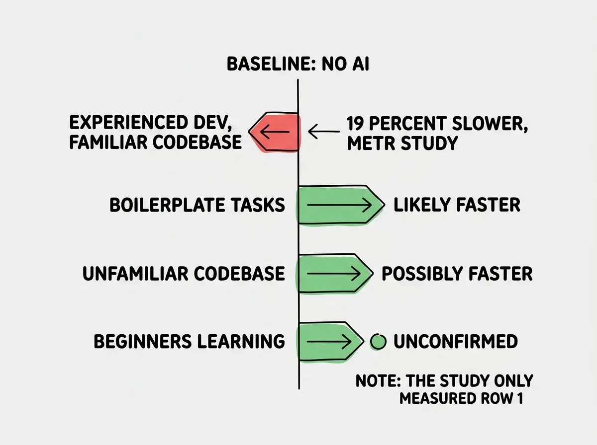 EXPLAINER DIAGRAM: A horizontal bar chart with four rows. Each row represents a scenario. Row 1 labeled EXPERIENCED DEV, FAMILIAR CODEBASE shows a red bar extending left (slower) with the label 19 PERCENT SLOWER, METR STUDY. Row 2 labeled BOILERPLATE AND REPETITIVE TASKS shows a green bar extending right (faster) with a question mark and LIKELY FASTER. Row 3 labeled UNFAMILIAR CODEBASE OR LANGUAGE shows a green bar extending right with a question mark and POSSIBLY FASTER. Row 4 labeled BEGINNERS LEARNING shows a green bar extending right with a question mark and UNCONFIRMED. A vertical center line is labeled BASELINE: NO AI. A note at the bottom reads NOT ALL SCENARIOS ARE EQUAL. THE STUDY ONLY MEASURED ROW 1.