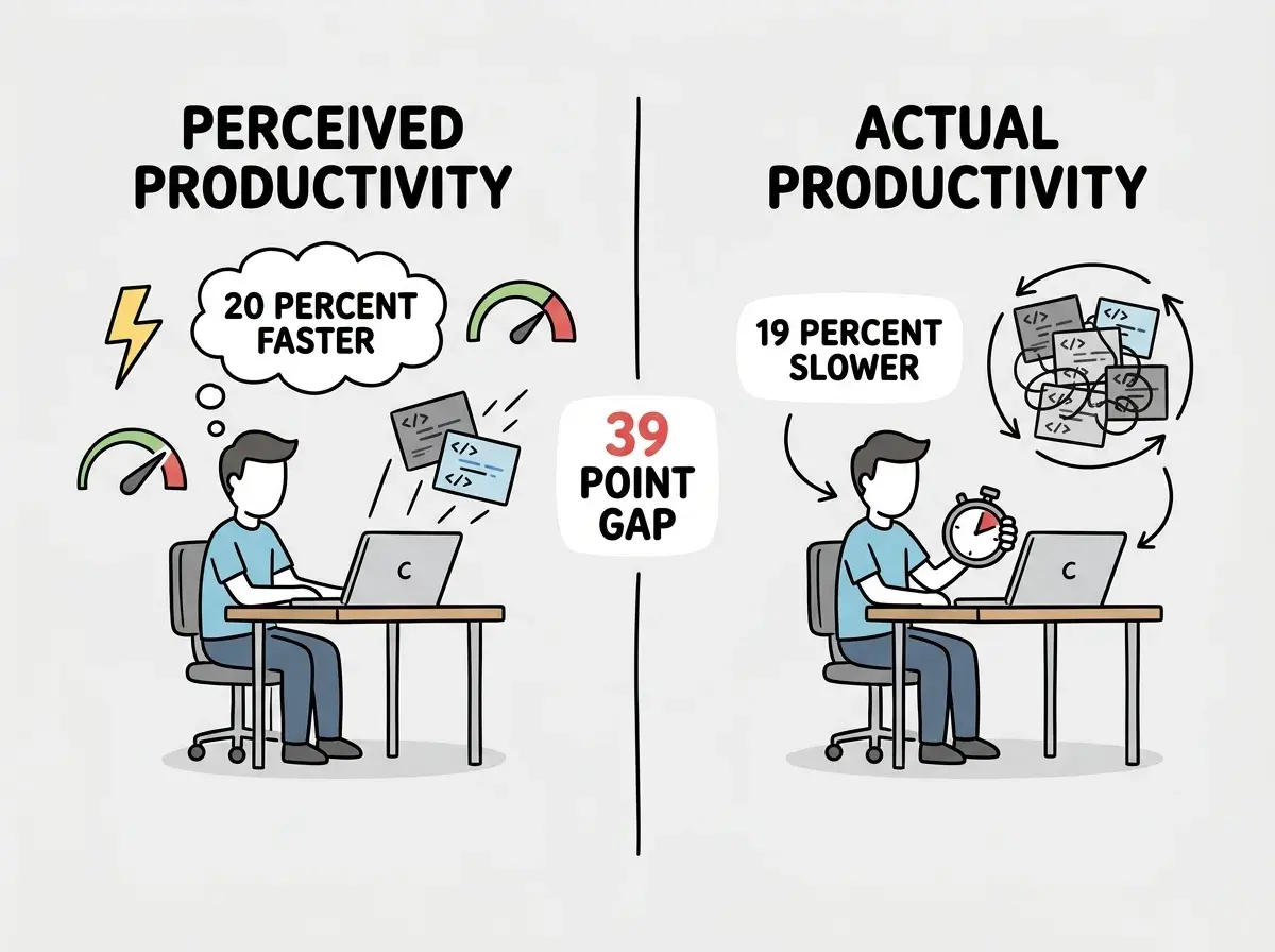 EXPLAINER DIAGRAM: A split-panel illustration. Left panel labeled PERCEIVED PRODUCTIVITY shows a developer at a desk with a thought bubble reading 20 PERCENT FASTER, surrounded by positive icons including a lightning bolt, a speedometer pointing high, and flying code snippets. Right panel labeled ACTUAL PRODUCTIVITY shows the same developer with a stopwatch above their head reading 19 PERCENT SLOWER, with the same code snippets now tangled with arrows pointing in circles. Between the two panels, a large gap labeled 39 POINT GAP is highlighted in red.