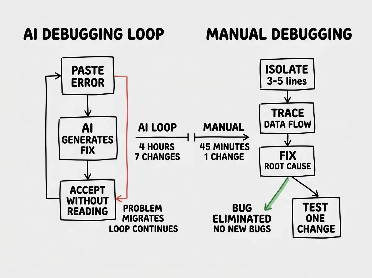 EXPLAINER DIAGRAM: A side-by-side comparison of two debugging approaches. Left side labeled AI DEBUGGING LOOP shows three vertical boxes stacked: PASTE ERROR, AI GENERATES FIX, ACCEPT WITHOUT READING. Below, a red arrow pointing downward reads PROBLEM MIGRATES, LOOP CONTINUES. Right side labeled MANUAL DEBUGGING shows four vertical boxes: ISOLATE (3 to 5 lines), TRACE DATA FLOW, FIX ROOT CAUSE, TEST ONE CHANGE. Below, a green arrow pointing downward reads BUG ELIMINATED, NO NEW BUGS. Between the two sides, a timeline shows the AI loop taking 4 hours with 7 changes and the manual approach taking 45 minutes with 1 change.