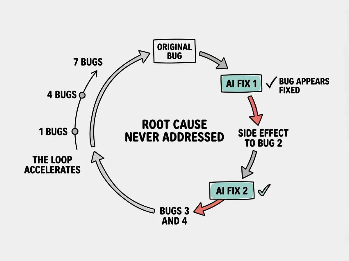 EXPLAINER DIAGRAM: A circular flow chart showing the AI debugging loop. Starting from a box labeled ORIGINAL BUG at the top, an arrow points right to AI FIX 1 with a checkmark icon labeled BUG APPEARS FIXED. Below that, a red arrow labeled SIDE EFFECT points to BUG 2 in a new location. Another arrow points to AI FIX 2, again with a checkmark, then a side effect arrow points to BUGS 3 AND 4. The loop curves back upward. In the center of the circle, a label reads ROOT CAUSE NEVER ADDRESSED. Outside the circle, a counter ticks up from 1 BUG to 4 BUGS to 7 BUGS with each cycle, labeled THE LOOP ACCELERATES.