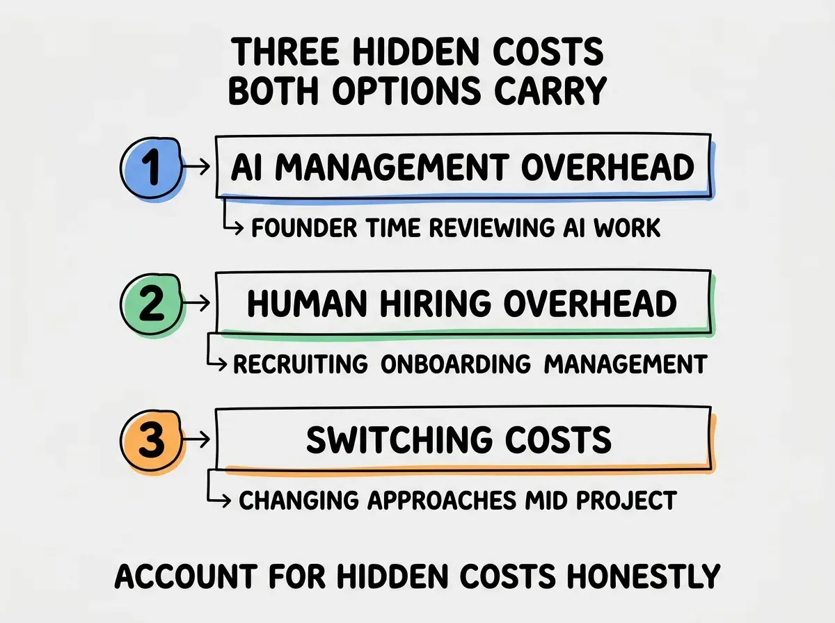 EXPLAINER DIAGRAM titled THREE HIDDEN COSTS BOTH OPTIONS CARRY shown as a vertical numbered list on a slate background. Three rows. Row 1 blue badge AI MANAGEMENT OVERHEAD sublabel FOUNDER TIME REVIEWING AI WORK. Row 2 green badge HUMAN HIRING OVERHEAD sublabel RECRUITING ONBOARDING MANAGEMENT. Row 3 orange badge SWITCHING COSTS sublabel CHANGING APPROACHES MID PROJECT. Footer reads ACCOUNT FOR HIDDEN COSTS HONESTLY.