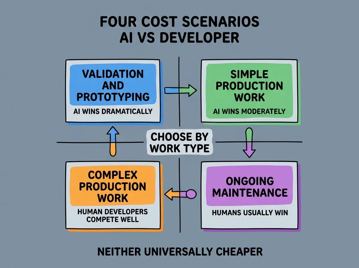 EXPLAINER DIAGRAM titled FOUR COST SCENARIOS AI VS DEVELOPER shown as a 2x2 grid of quadrants on a slate background. Top left blue VALIDATION AND PROTOTYPING sublabel AI WINS DRAMATICALLY. Top right green SIMPLE PRODUCTION WORK sublabel AI WINS MODERATELY. Bottom left orange COMPLEX PRODUCTION WORK sublabel HUMAN DEVELOPERS COMPETE WELL. Bottom right purple ONGOING MAINTENANCE sublabel HUMANS USUALLY WIN. Center label CHOOSE BY WORK TYPE. Footer reads NEITHER UNIVERSALLY CHEAPER.
