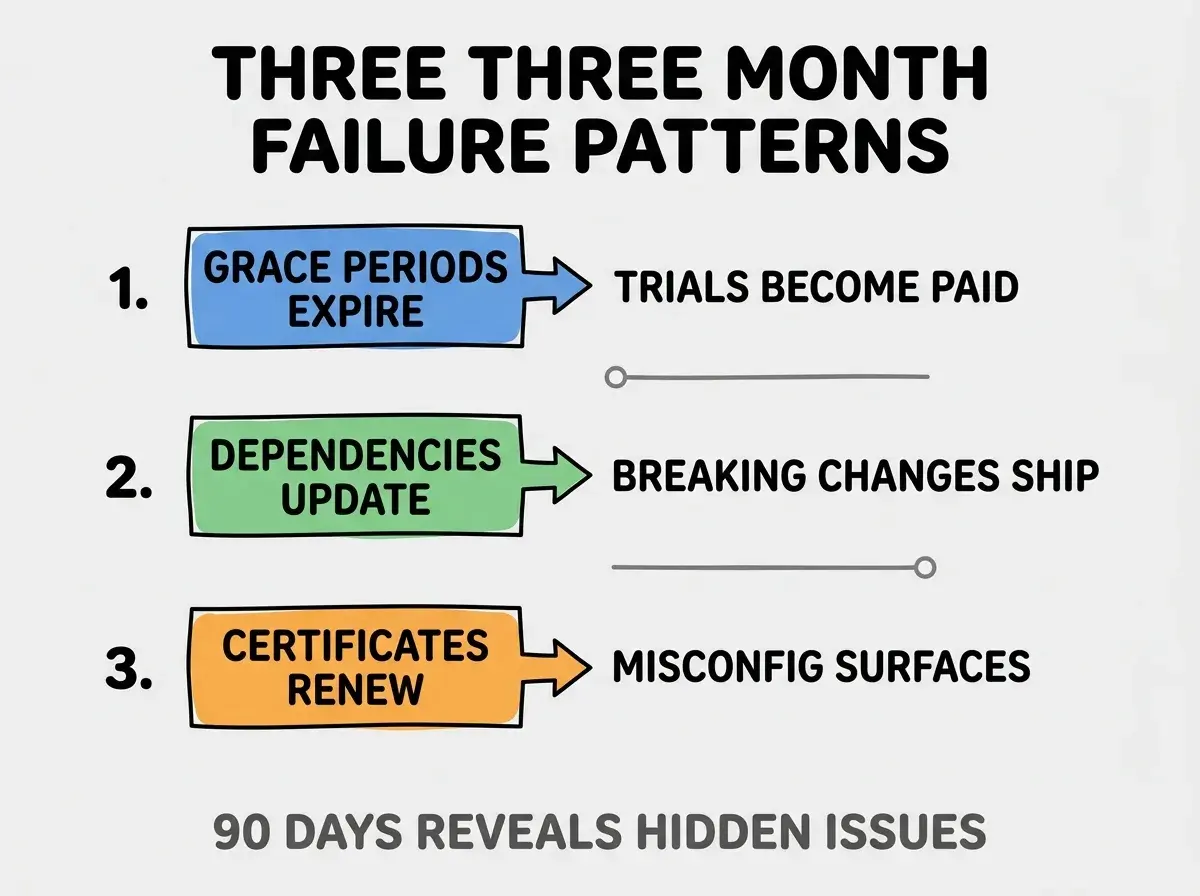 Clean modern flat infographic on light gray background. Top title bold black: THREE THREE MONTH FAILURE PATTERNS. Single vertical numbered list with three rows. Row 1 blue badge GRACE PERIODS EXPIRE with subtitle TRIALS BECOME PAID. Row 2 green badge DEPENDENCIES UPDATE with subtitle BREAKING CHANGES SHIP. Row 3 orange badge CERTIFICATES RENEW with subtitle MISCONFIG SURFACES. Footer text dark gray: 90 DAYS REVEALS HIDDEN ISSUES. Each label appears exactly once. No duplicated text.