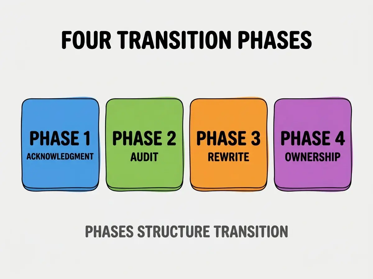 Clean modern flat infographic on light gray background. Top center bold black title text: FOUR TRANSITION PHASES. Below title, four equal sized colored rounded rectangle cards arranged horizontally. Card 1 blue: large bold text PHASE 1 then smaller text ACKNOWLEDGMENT. Card 2 green: large bold text PHASE 2 then smaller text AUDIT. Card 3 orange: large bold text PHASE 3 then smaller text REWRITE. Card 4 purple: large bold text PHASE 4 then smaller text OWNERSHIP. Single footer line below cards in dark gray text: PHASES STRUCTURE TRANSITION. Nothing else on canvas. No text outside cards or below cards.
