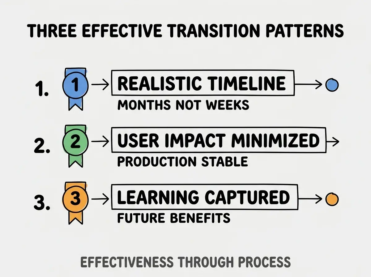 Clean modern flat infographic on light gray background. Top title bold black: THREE EFFECTIVE TRANSITION PATTERNS. Single vertical numbered list with three rows. Row 1 blue badge REALISTIC TIMELINE with subtitle MONTHS NOT WEEKS. Row 2 green badge USER IMPACT MINIMIZED with subtitle PRODUCTION STABLE. Row 3 orange badge LEARNING CAPTURED with subtitle FUTURE BENEFITS. Footer text dark gray: EFFECTIVENESS THROUGH PROCESS. Each label appears exactly once. No duplicated text.