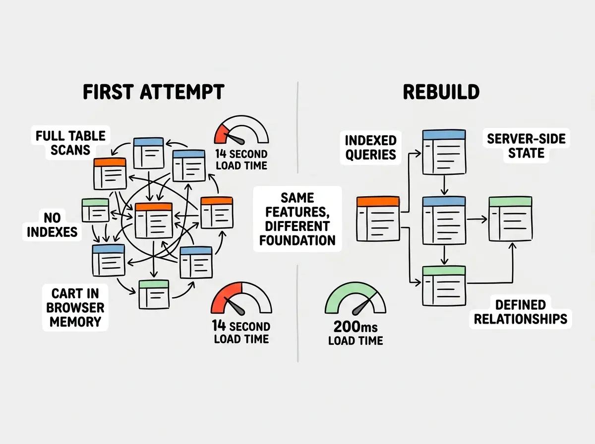 EXPLAINER DIAGRAM: A two-panel comparison. LEFT PANEL labeled FIRST ATTEMPT shows a tangled web of database tables with arrows pointing in every direction, labeled FULL TABLE SCANS, NO INDEXES, CART IN BROWSER MEMORY. A performance meter shows RED at 14 SECOND LOAD TIME. RIGHT PANEL labeled REBUILD shows a clean, organized database schema with clear relationships, labeled INDEXED QUERIES, SERVER-SIDE STATE, DEFINED RELATIONSHIPS. A performance meter shows GREEN at 200ms LOAD TIME. Between the panels, text reads SAME FEATURES, DIFFERENT FOUNDATION.