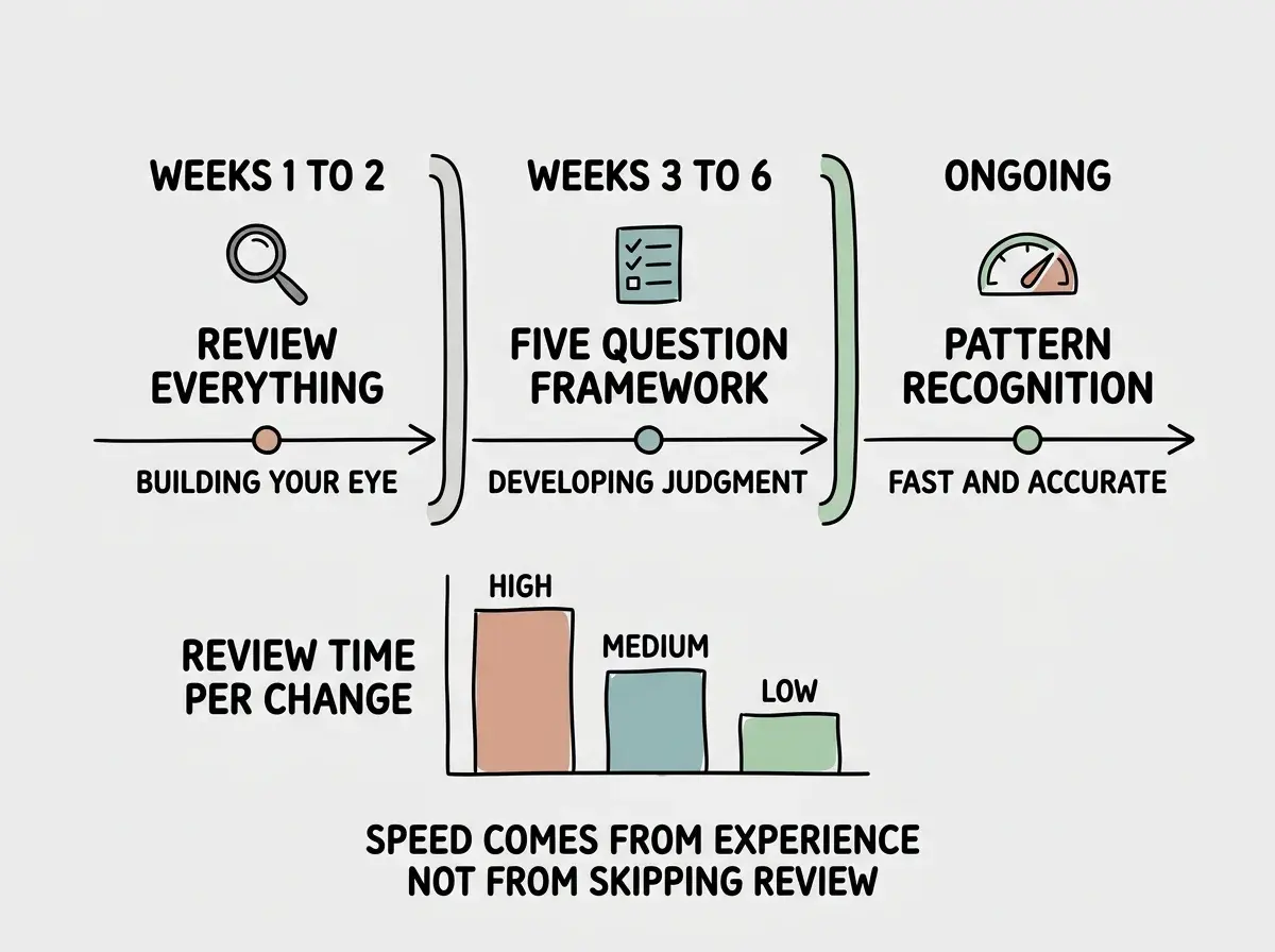 EXPLAINER DIAGRAM: A horizontal timeline divided into three phases. Phase 1 labeled WEEKS 1 TO 2 shows a magnifying glass icon and reads REVIEW EVERYTHING with a subtitle BUILDING YOUR EYE. Phase 2 labeled WEEKS 3 TO 6 shows a checklist icon and reads FIVE QUESTION FRAMEWORK with a subtitle DEVELOPING JUDGMENT. Phase 3 labeled ONGOING shows a speedometer icon and reads PATTERN RECOGNITION with a subtitle FAST AND ACCURATE. Below the timeline, a bar chart shows REVIEW TIME PER CHANGE decreasing from HIGH in Phase 1 to MEDIUM in Phase 2 to LOW in Phase 3. A note at the bottom reads SPEED COMES FROM EXPERIENCE NOT FROM SKIPPING REVIEW.