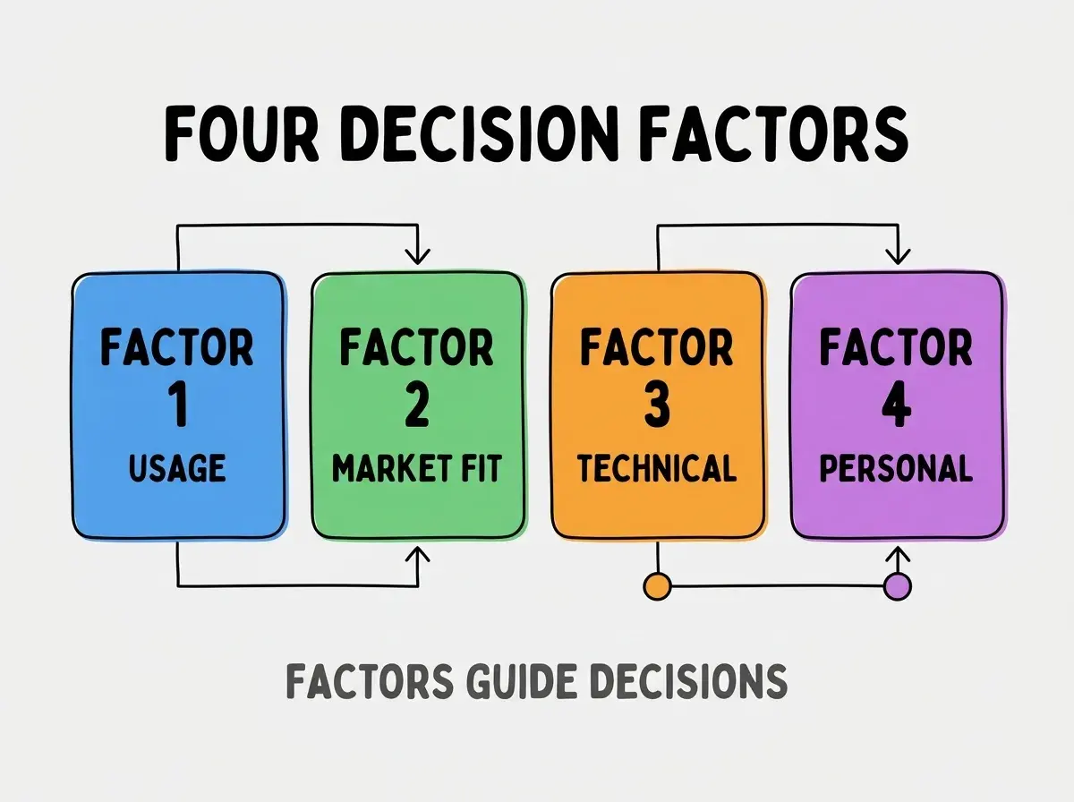 Clean modern flat infographic on light gray background. Top center bold black title text: FOUR DECISION FACTORS. Below title, four equal sized colored rounded rectangle cards arranged horizontally. Card 1 blue: large bold text FACTOR 1 then smaller text USAGE. Card 2 green: large bold text FACTOR 2 then smaller text MARKET FIT. Card 3 orange: large bold text FACTOR 3 then smaller text TECHNICAL. Card 4 purple: large bold text FACTOR 4 then smaller text PERSONAL. Single footer line below cards in dark gray text: FACTORS GUIDE DECISIONS. Nothing else on canvas. No text outside cards or below cards.