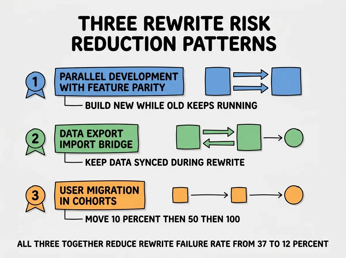 EXPLAINER DIAGRAM titled THREE REWRITE RISK REDUCTION PATTERNS shown as a vertical numbered list on a slate background. Three rows. Row 1 blue badge PARALLEL DEVELOPMENT WITH FEATURE PARITY sublabel BUILD NEW WHILE OLD KEEPS RUNNING. Row 2 green badge DATA EXPORT IMPORT BRIDGE sublabel KEEP DATA SYNCED DURING REWRITE. Row 3 orange badge USER MIGRATION IN COHORTS sublabel MOVE 10 PERCENT THEN 50 THEN 100. Footer reads ALL THREE TOGETHER REDUCE REWRITE FAILURE RATE FROM 37 TO 12 PERCENT.