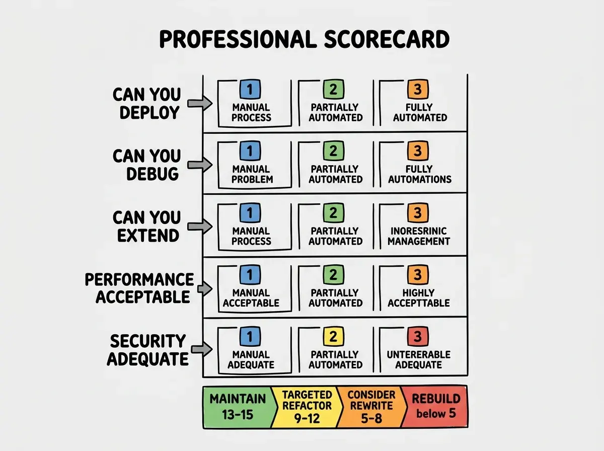EXPLAINER DIAGRAM: A vertical scorecard showing five rows, one for each axis. Each row has the axis name on the left (CAN YOU DEPLOY, CAN YOU DEBUG, CAN YOU EXTEND, PERFORMANCE ACCEPTABLE, SECURITY ADEQUATE), three scoring boxes in the middle labeled 1, 2, and 3, and a brief description of what each score means. At the bottom, a horizontal bar shows three zones: MAINTAIN (13-15), TARGETED REFACTOR (9-12), CONSIDER REWRITE (5-8), and REBUILD (below 5). The bar is color-coded from green on the right to red on the left.