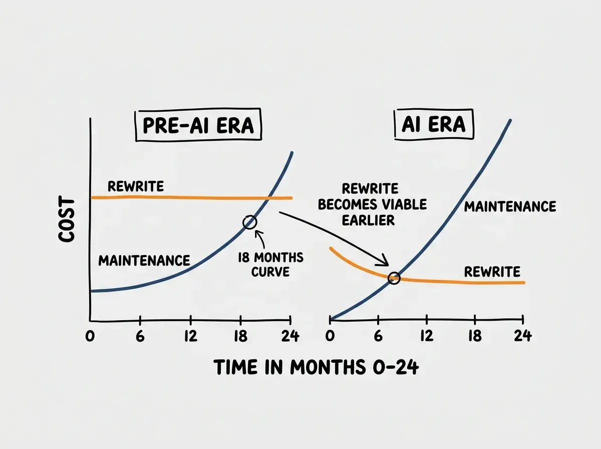 EXPLAINER DIAGRAM: A line graph with two axes. The X axis is labeled TIME IN MONTHS from 0 to 24. The Y axis is labeled COST. Two pairs of curves are shown, side by side. On the left, labeled PRE-AI ERA, a MAINTENANCE curve starts low and slowly rises, while a REWRITE curve is high and flat. Their crossover point is at around 18 months. On the right, labeled AI ERA, the MAINTENANCE curve rises more steeply (because AI flattens but does not eliminate the debt accumulation), while the REWRITE curve is much lower and flat. Their crossover point is at around 9 months. An arrow points to the crossover difference, labeled REWRITE BECOMES VIABLE EARLIER.
