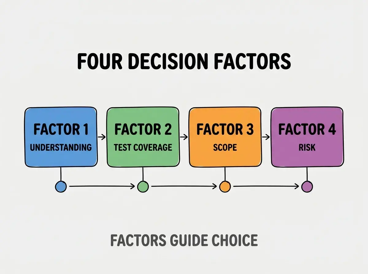 Clean modern flat infographic on light gray background. Top center bold black title text: FOUR DECISION FACTORS. Below title, four equal sized colored rounded rectangle cards arranged horizontally. Card 1 blue: large bold text FACTOR 1 then smaller text UNDERSTANDING. Card 2 green: large bold text FACTOR 2 then smaller text TEST COVERAGE. Card 3 orange: large bold text FACTOR 3 then smaller text SCOPE. Card 4 purple: large bold text FACTOR 4 then smaller text RISK. Single footer line below cards in dark gray text: FACTORS GUIDE CHOICE. Nothing else on canvas. No text outside cards or below cards.