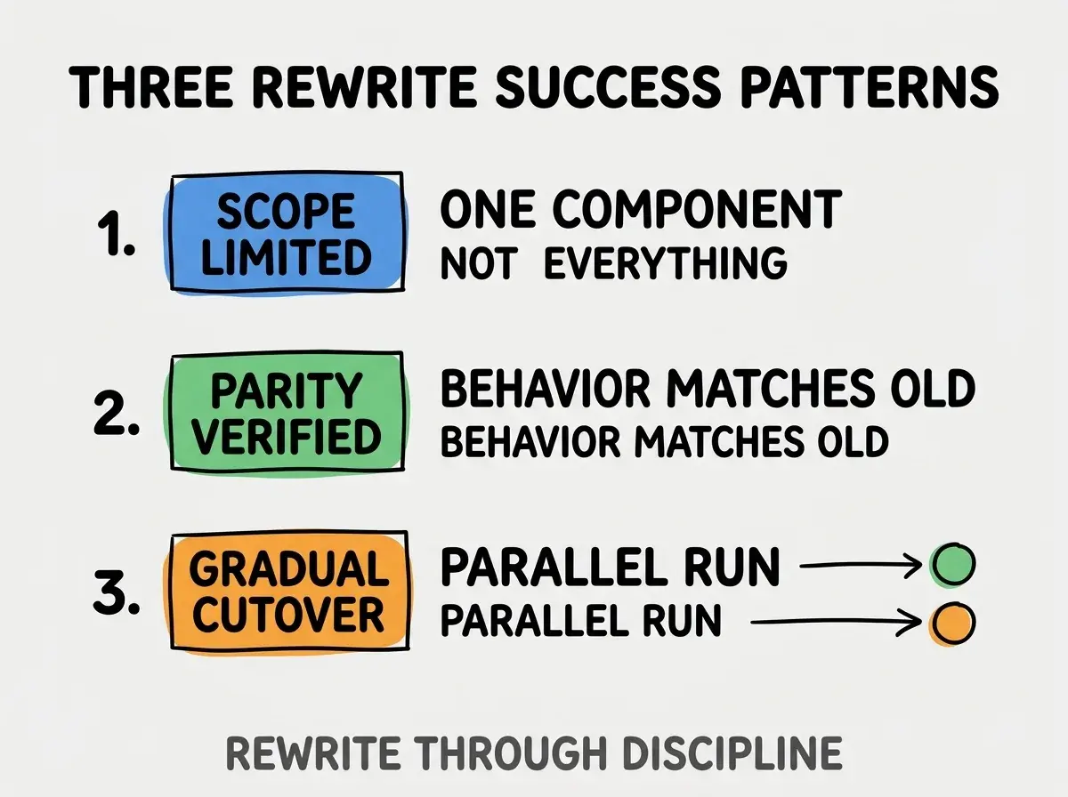 Clean modern flat infographic on light gray background. Top title bold black: THREE REWRITE SUCCESS PATTERNS. Single vertical numbered list with three rows. Row 1 blue badge SCOPE LIMITED with subtitle ONE COMPONENT NOT EVERYTHING. Row 2 green badge PARITY VERIFIED with subtitle BEHAVIOR MATCHES OLD. Row 3 orange badge GRADUAL CUTOVER with subtitle PARALLEL RUN. Footer text dark gray: REWRITE THROUGH DISCIPLINE. Each label appears exactly once. No duplicated text.