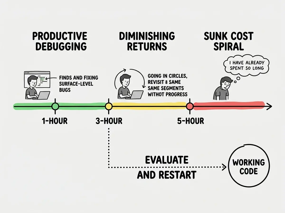EXPLAINER DIAGRAM: A horizontal timeline showing debugging effort from left to right. At the 1-HOUR mark, a green zone labeled PRODUCTIVE DEBUGGING shows a developer finding and fixing surface-level bugs. At the 3-HOUR mark, a yellow zone labeled DIMINISHING RETURNS shows the same developer going in circles, revisiting the same code. At the 5-HOUR mark and beyond, a red zone labeled SUNK COST SPIRAL shows the developer exhausted with a thought bubble reading I HAVE ALREADY SPENT SO LONG. Below the timeline, a dotted line branches off at the 3-HOUR mark labeled EVALUATE AND RESTART showing a fresh approach reaching WORKING CODE faster than the main timeline.