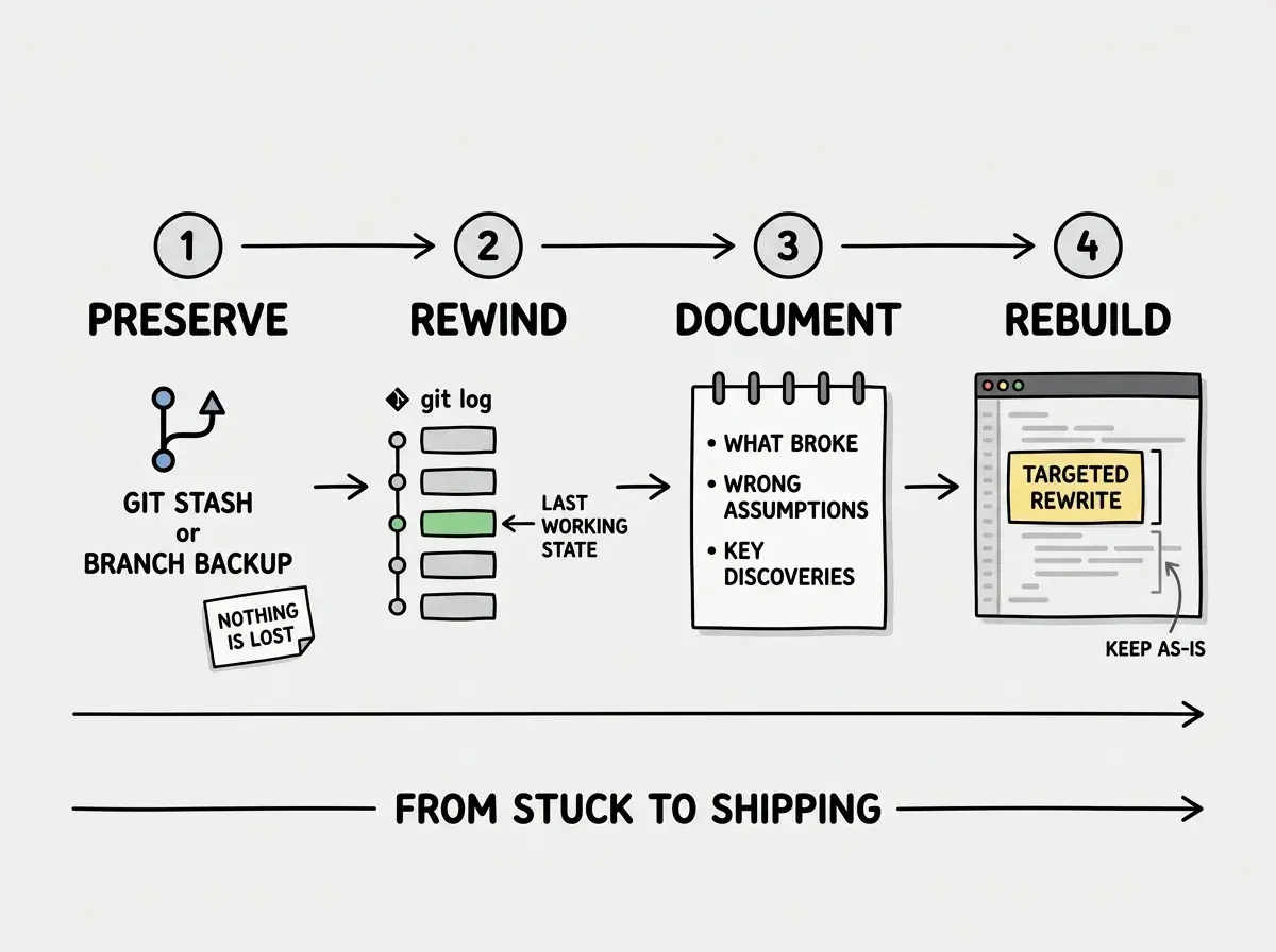 EXPLAINER DIAGRAM: A four-step flowchart moving from left to right. Step 1 labeled PRESERVE shows a git branch icon with the text GIT STASH or BRANCH BACKUP and a small note reading NOTHING IS LOST. Step 2 labeled REWIND shows a git log with several commits, one highlighted in green labeled LAST WORKING STATE with an arrow pointing to it. Step 3 labeled DOCUMENT shows a notepad icon with bullet points reading WHAT BROKE, WRONG ASSUMPTIONS, and KEY DISCOVERIES. Step 4 labeled REBUILD shows a code editor with only one section highlighted, labeled TARGETED REWRITE, while the rest of the code is grayed out and labeled KEEP AS-IS. An arrow below all four steps reads FROM STUCK TO SHIPPING.