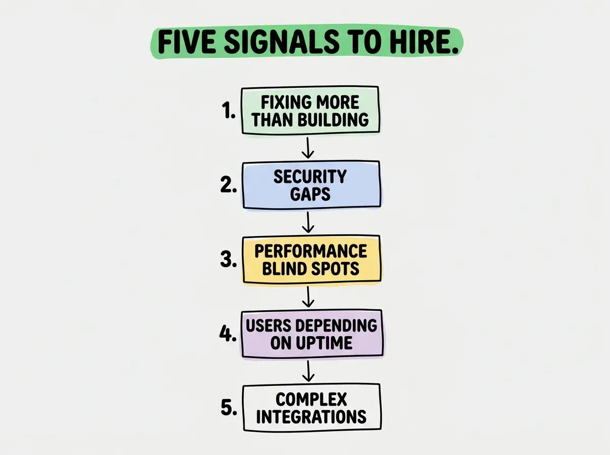 Vertical flowchart with five numbered boxes connected by downward arrows on light gray background. Labels read FIXING MORE THAN BUILDING, SECURITY GAPS, PERFORMANCE BLIND SPOTS, USERS DEPENDING ON UPTIME, COMPLEX INTEGRATIONS. Green header reads FIVE SIGNALS TO HIRE.
