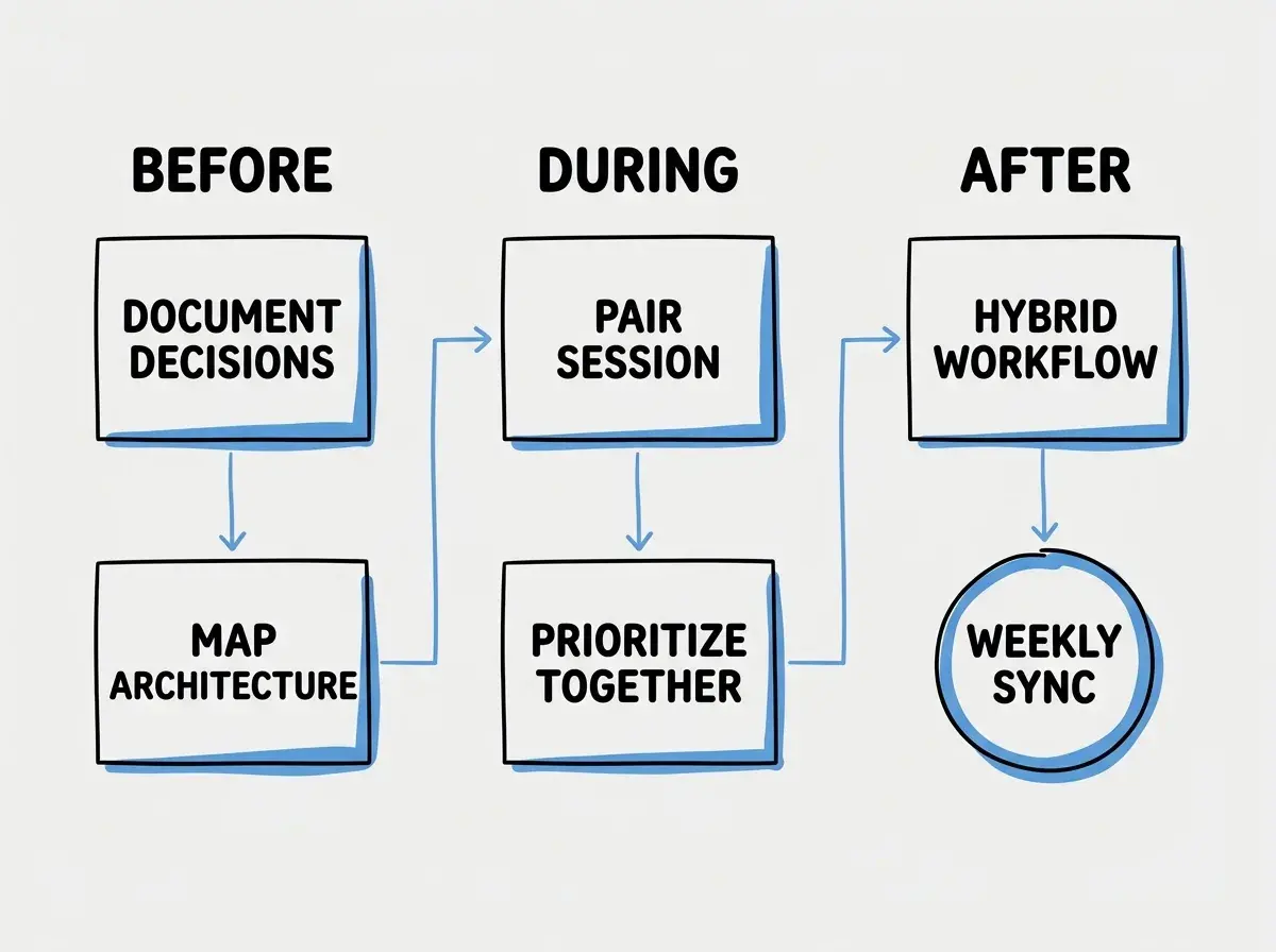 Three-column layout on white background showing handoff process. Column one labeled BEFORE with items DOCUMENT DECISIONS and MAP ARCHITECTURE. Column two labeled DURING with items PAIR SESSION and PRIORITIZE TOGETHER. Column three labeled AFTER with items HYBRID WORKFLOW and WEEKLY SYNC. Blue accent color with thin connecting arrows between columns.