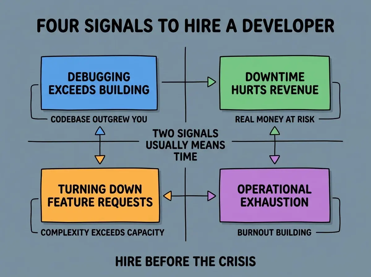 EXPLAINER DIAGRAM titled FOUR SIGNALS TO HIRE A DEVELOPER shown as a 2x2 grid of quadrants on a slate background. Top left blue DEBUGGING EXCEEDS BUILDING sublabel CODEBASE OUTGREW YOU. Top right green DOWNTIME HURTS REVENUE sublabel REAL MONEY AT RISK. Bottom left orange TURNING DOWN FEATURE REQUESTS sublabel COMPLEXITY EXCEEDS CAPACITY. Bottom right purple OPERATIONAL EXHAUSTION sublabel BURNOUT BUILDING. Center label reads TWO SIGNALS USUALLY MEANS TIME. Footer reads HIRE BEFORE THE CRISIS.