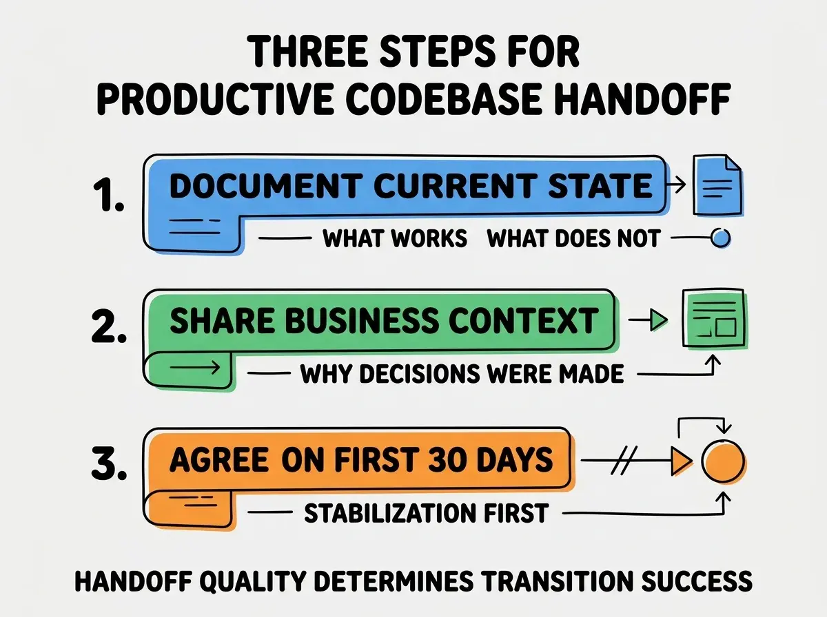 EXPLAINER DIAGRAM titled THREE STEPS FOR PRODUCTIVE CODEBASE HANDOFF shown as a vertical numbered list on a slate background. Three rows. Row 1 blue badge DOCUMENT CURRENT STATE sublabel WHAT WORKS WHAT DOES NOT. Row 2 green badge SHARE BUSINESS CONTEXT sublabel WHY DECISIONS WERE MADE. Row 3 orange badge AGREE ON FIRST 30 DAYS sublabel STABILIZATION FIRST. Footer reads HANDOFF QUALITY DETERMINES TRANSITION SUCCESS.