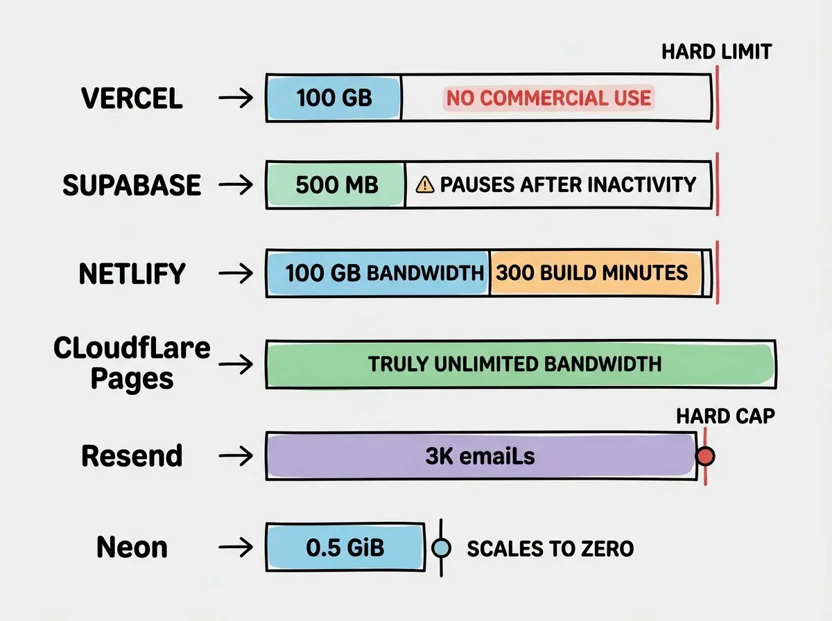 EXPLAINER DIAGRAM: A comparison grid showing six platforms in rows. Each row has the platform name on the left, a horizontal bar representing its free tier capacity in the middle, and a red line marking the hard limit on the right. Vercel bar shows 100 GB with a red NO COMMERCIAL USE label. Supabase shows 500 MB with a PAUSES AFTER INACTIVITY warning. Netlify shows 100 GB bandwidth and 300 build minutes. Cloudflare Pages shows an extended green bar with a TRULY UNLIMITED BANDWIDTH label and no red line. Resend shows 3K emails with a hard cap marker. Neon shows 0.5 GiB with a SCALES TO ZERO note.