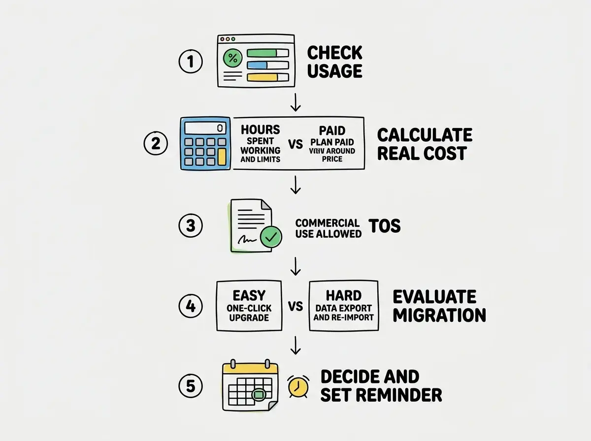 EXPLAINER DIAGRAM: A vertical flowchart with five numbered steps. Step 1 CHECK USAGE has a dashboard icon with percentage bars. Step 2 CALCULATE REAL COST has a calculator icon comparing hours spent working around limits versus the paid plan price. Step 3 CHECK TOS has a document icon with a checkmark for commercial use allowed. Step 4 EVALUATE MIGRATION has two boxes showing EASY one-click upgrade versus HARD data export and re-import. Step 5 DECIDE AND SET REMINDER has a calendar icon with a specific date circled. Arrows connect each step downward.