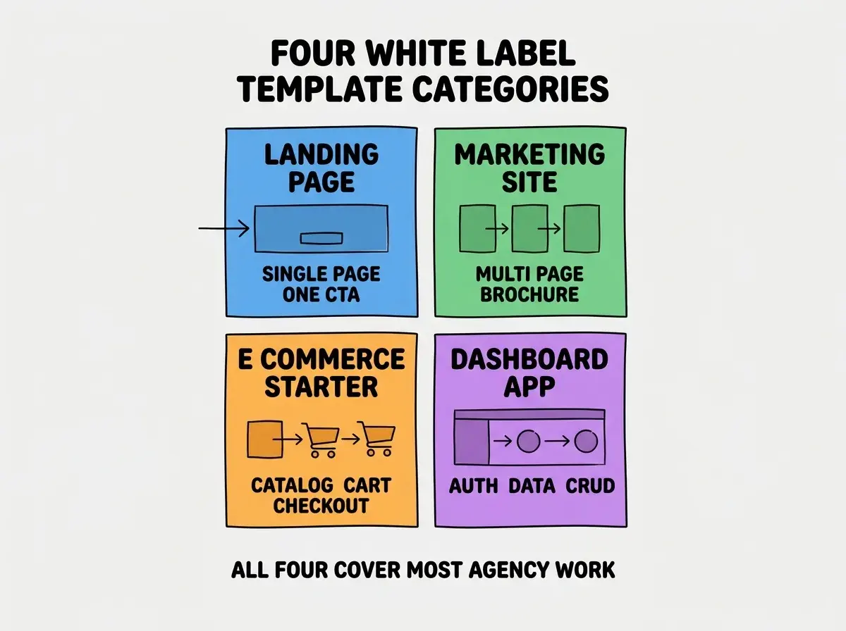 EXPLAINER DIAGRAM titled FOUR WHITE LABEL TEMPLATE CATEGORIES shown as a 2x2 grid of quadrants on a slate background. Top left blue LANDING PAGE sublabel SINGLE PAGE ONE CTA. Top right green MARKETING SITE sublabel MULTI PAGE BROCHURE. Bottom left orange E COMMERCE STARTER sublabel CATALOG CART CHECKOUT. Bottom right purple DASHBOARD APP sublabel AUTH DATA CRUD. Center label reads PICK BY CLIENT NEED. Footer reads ALL FOUR COVER MOST AGENCY WORK.