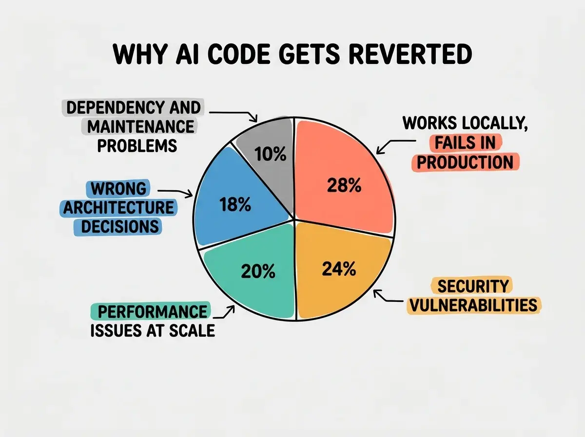 EXPLAINER DIAGRAM: A pie chart divided into five segments showing the breakdown of why AI code gets reverted. Segment 1 in coral labeled WORKS LOCALLY, FAILS IN PRODUCTION at 28%. Segment 2 in amber labeled SECURITY VULNERABILITIES at 24%. Segment 3 in teal labeled PERFORMANCE ISSUES AT SCALE at 20%. Segment 4 in blue labeled WRONG ARCHITECTURE DECISIONS at 18%. Segment 5 in gray labeled DEPENDENCY AND MAINTENANCE PROBLEMS at 10%. Title above reads WHY AI CODE GETS REVERTED.