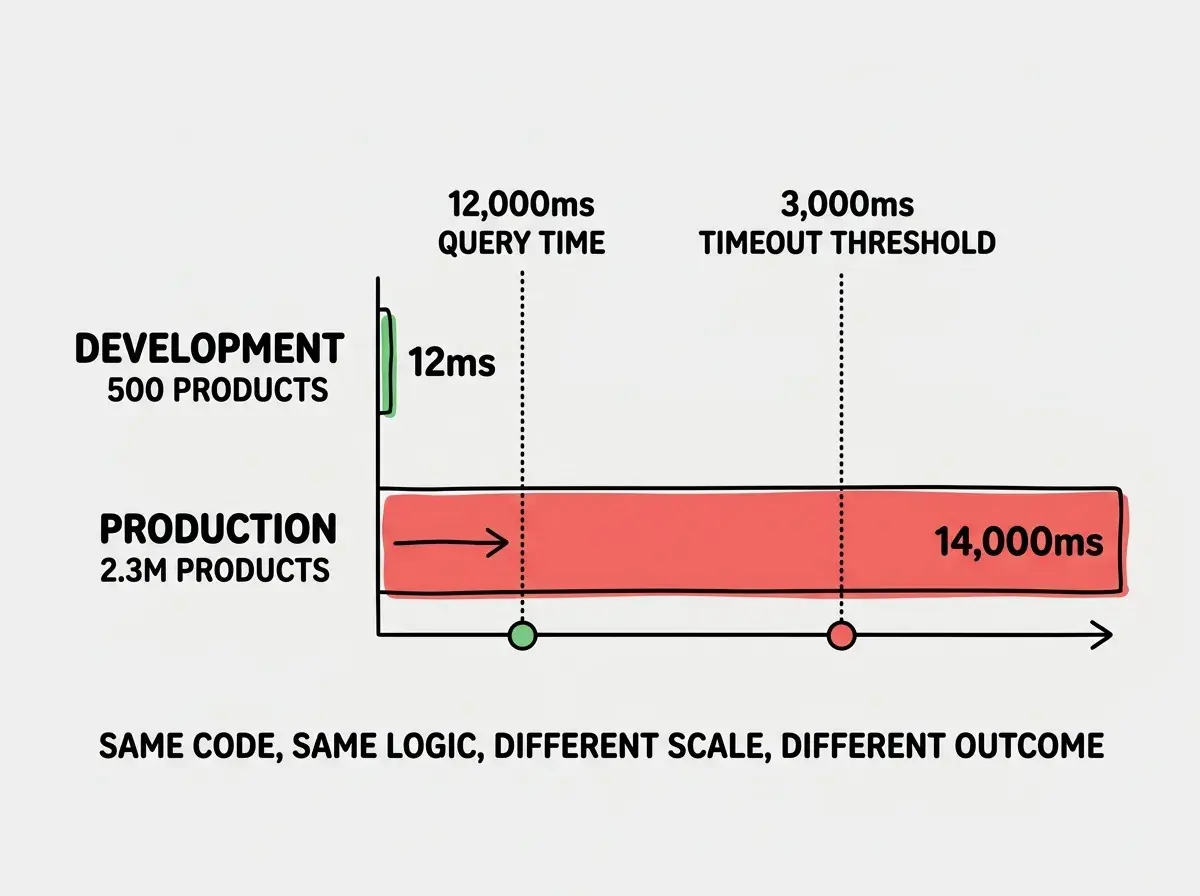 EXPLAINER DIAGRAM: A horizontal bar chart comparing two scenarios. Top bar labeled DEVELOPMENT with 500 PRODUCTS shows query time of 12ms in green. Bottom bar labeled PRODUCTION with 2.3M PRODUCTS shows query time of 14,000ms in red, extending far beyond the chart boundary. A vertical dotted line at 3,000ms is labeled TIMEOUT THRESHOLD. Below the chart, text reads SAME CODE, SAME LOGIC, DIFFERENT SCALE, DIFFERENT OUTCOME.
