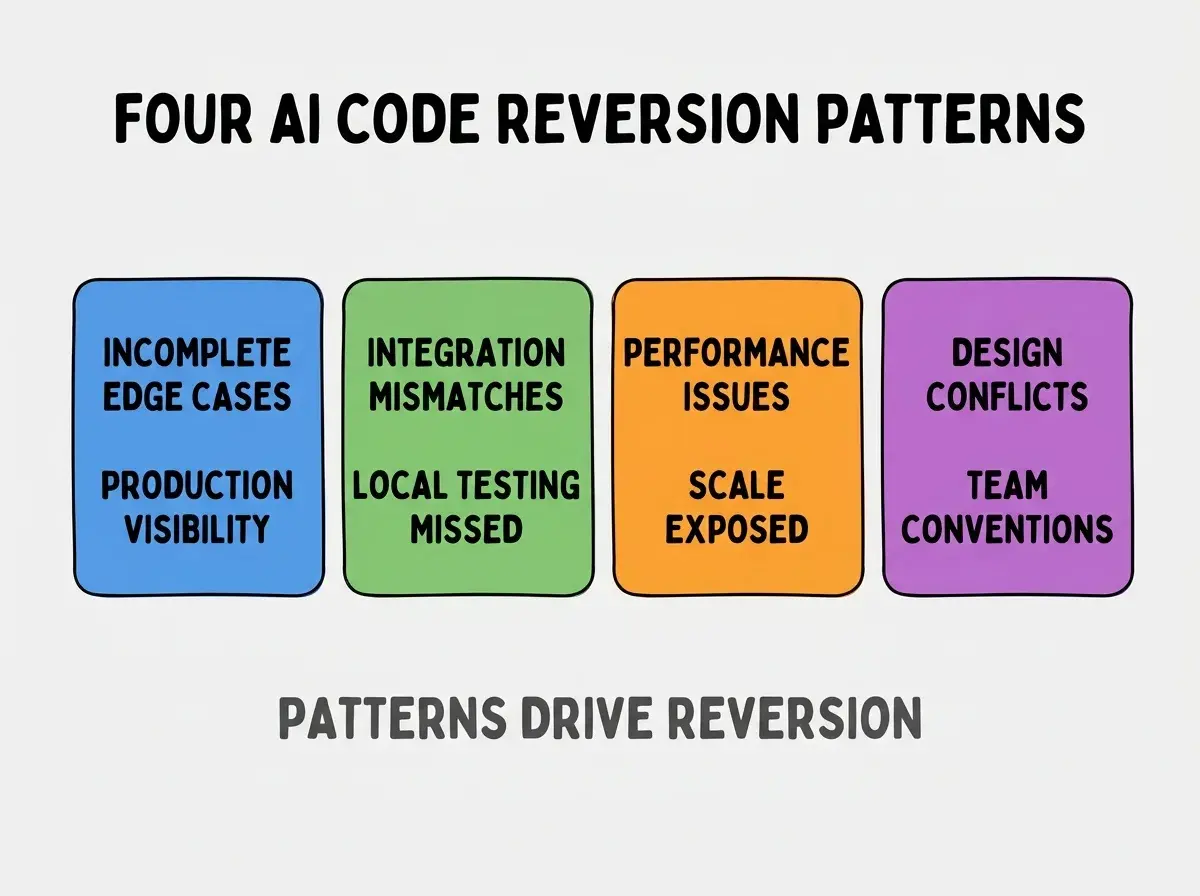 Clean modern flat infographic on light gray background. Top center title bold black sans-serif: FOUR AI CODE REVERSION PATTERNS. Single horizontal row with four equal sized colored rounded rectangle cards. Card 1 blue background two lines INCOMPLETE EDGE CASES and PRODUCTION VISIBILITY. Card 2 green background two lines INTEGRATION MISMATCHES and LOCAL TESTING MISSED. Card 3 orange background two lines PERFORMANCE ISSUES and SCALE EXPOSED. Card 4 purple background two lines DESIGN CONFLICTS and TEAM CONVENTIONS. Below the row a single footer line in dark gray text: PATTERNS DRIVE REVERSION. No other text. No duplicated text anywhere.