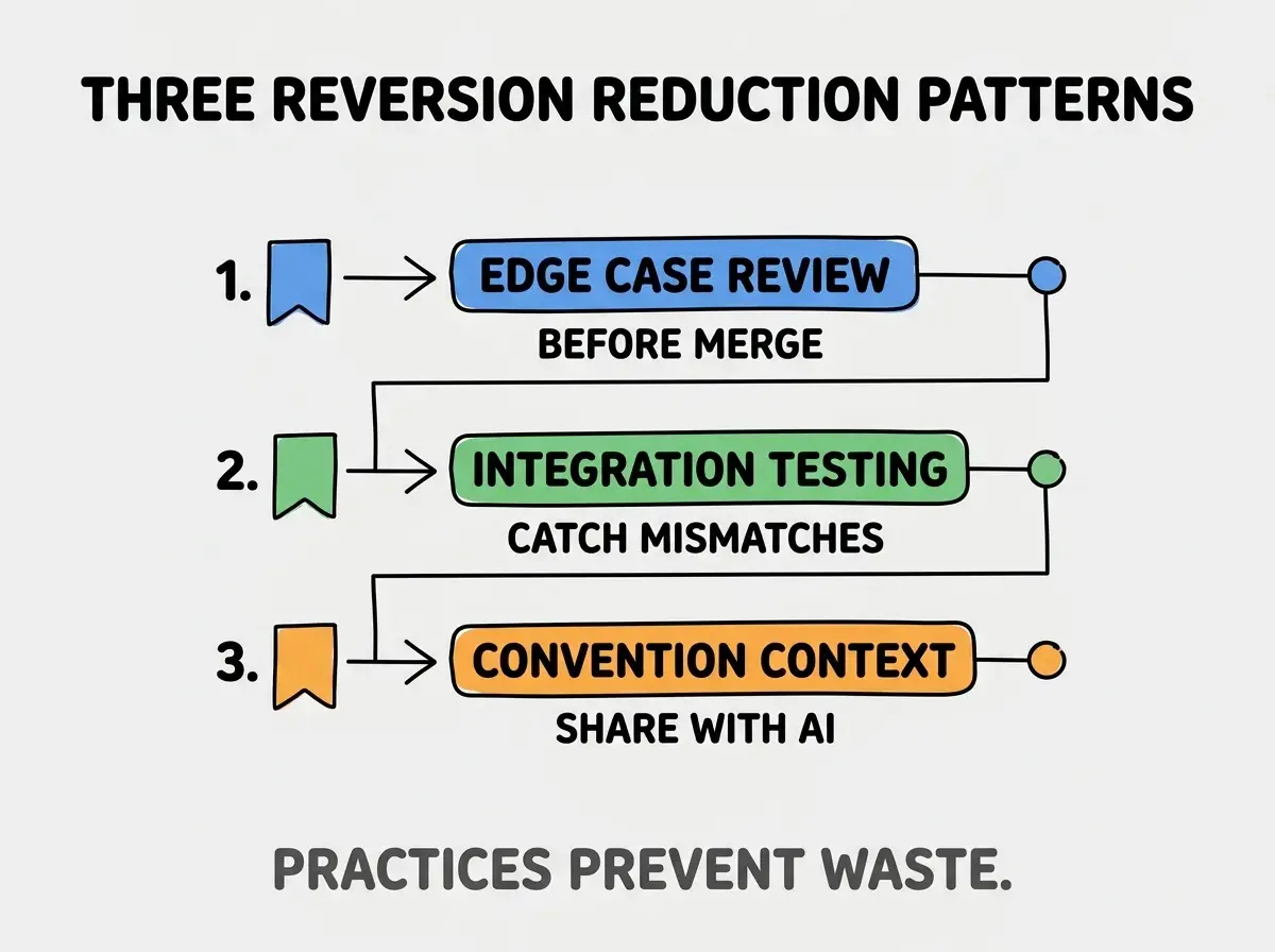 Clean modern flat infographic on light gray background. Top title bold black: THREE REVERSION REDUCTION PATTERNS. Single vertical numbered list with three rows. Row 1 blue badge EDGE CASE REVIEW with subtitle BEFORE MERGE. Row 2 green badge INTEGRATION TESTING with subtitle CATCH MISMATCHES. Row 3 orange badge CONVENTION CONTEXT with subtitle SHARE WITH AI. Footer text dark gray: PRACTICES PREVENT WASTE. Each label appears exactly once. No duplicated text.
