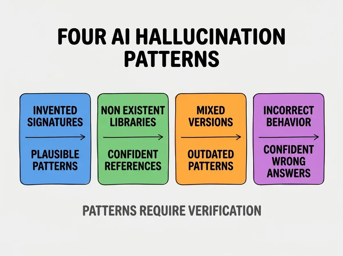 Clean modern flat infographic on light gray background. Top center title bold black sans-serif: FOUR AI HALLUCINATION PATTERNS. Single horizontal row with four equal sized colored rounded rectangle cards. Card 1 blue background two lines INVENTED SIGNATURES and PLAUSIBLE PATTERNS. Card 2 green background two lines NON EXISTENT LIBRARIES and CONFIDENT REFERENCES. Card 3 orange background two lines MIXED VERSIONS and OUTDATED PATTERNS. Card 4 purple background two lines INCORRECT BEHAVIOR and CONFIDENT WRONG ANSWERS. Below the row a single footer line in dark gray text: PATTERNS REQUIRE VERIFICATION. No other text. No duplicated text anywhere.