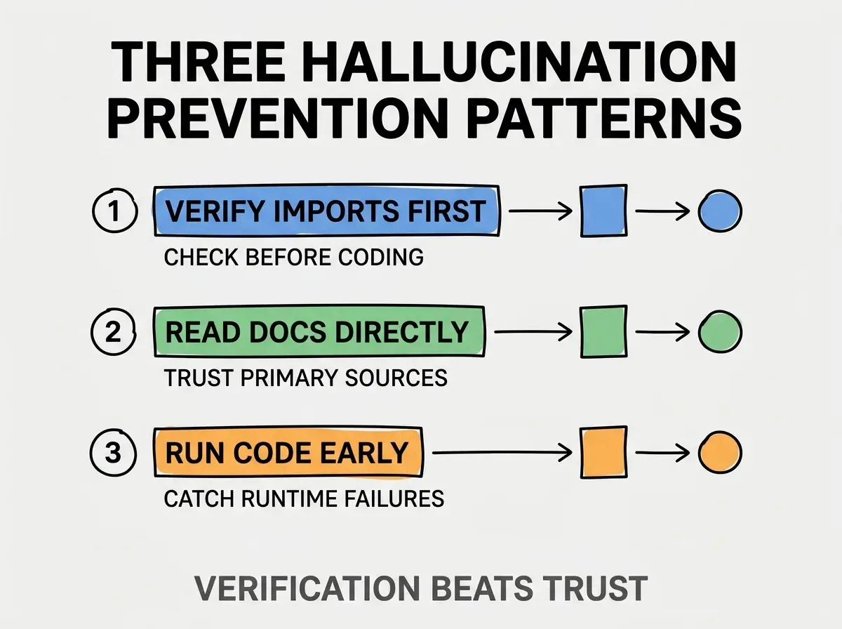 Clean modern flat infographic on light gray background. Top title bold black: THREE HALLUCINATION PREVENTION PATTERNS. Single vertical numbered list with three rows. Row 1 blue badge VERIFY IMPORTS FIRST with subtitle CHECK BEFORE CODING. Row 2 green badge READ DOCS DIRECTLY with subtitle TRUST PRIMARY SOURCES. Row 3 orange badge RUN CODE EARLY with subtitle CATCH RUNTIME FAILURES. Footer text dark gray: VERIFICATION BEATS TRUST. Each label appears exactly once. No duplicated text.