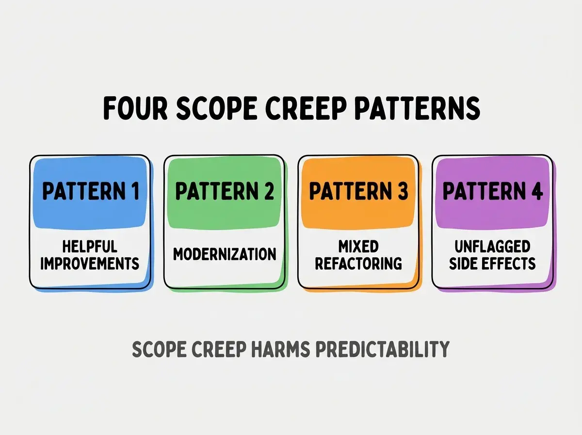 Clean modern flat infographic on light gray background. Top center bold black title text: FOUR SCOPE CREEP PATTERNS. Below title, four equal sized colored rounded rectangle cards arranged horizontally. Card 1 blue: large bold text PATTERN 1 then smaller text HELPFUL IMPROVEMENTS. Card 2 green: large bold text PATTERN 2 then smaller text MODERNIZATION. Card 3 orange: large bold text PATTERN 3 then smaller text MIXED REFACTORING. Card 4 purple: large bold text PATTERN 4 then smaller text UNFLAGGED SIDE EFFECTS. Single footer line below cards in dark gray text: SCOPE CREEP HARMS PREDICTABILITY. Nothing else on canvas. No text outside cards or below cards.