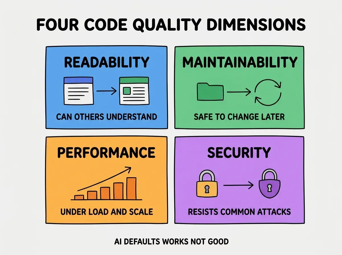 EXPLAINER DIAGRAM titled FOUR CODE QUALITY DIMENSIONS shown as a 2x2 grid of quadrants on a slate background. Top left blue READABILITY sublabel CAN OTHERS UNDERSTAND. Top right green MAINTAINABILITY sublabel SAFE TO CHANGE LATER. Bottom left orange PERFORMANCE sublabel UNDER LOAD AND SCALE. Bottom right purple SECURITY sublabel RESISTS COMMON ATTACKS. Center label reads ALL FOUR SEPARATE WORKS FROM GOOD. Footer reads AI DEFAULTS WORKS NOT GOOD.