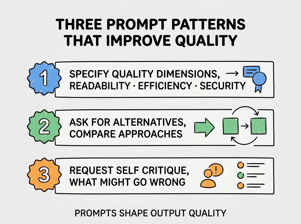 EXPLAINER DIAGRAM titled THREE PROMPT PATTERNS THAT IMPROVE QUALITY shown as a vertical numbered list on a slate background. Three rows. Row 1 blue badge SPECIFY QUALITY DIMENSIONS sublabel READABILITY EFFICIENCY SECURITY. Row 2 green badge ASK FOR ALTERNATIVES sublabel COMPARE APPROACHES. Row 3 orange badge REQUEST SELF CRITIQUE sublabel WHAT MIGHT GO WRONG. Footer reads PROMPTS SHAPE OUTPUT QUALITY.