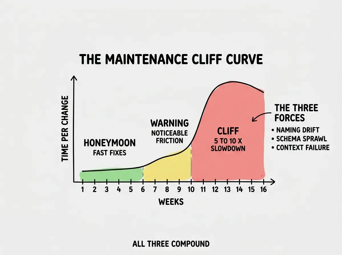 EXPLAINER DIAGRAM titled THE MAINTENANCE CLIFF CURVE shown as a line chart on a slate background with weeks on the X axis from 1 to 16 and time per change on the Y axis. The line starts low and flat through weeks 1 through 6, climbs gradually through weeks 7 through 9, then bends sharply upward at week 10, peaking at week 12 to 14. Three colored zones are shown, weeks 1 to 6 in green labeled HONEYMOON, weeks 7 to 10 in yellow labeled WARNING, weeks 11 to 16 in red labeled CLIFF. Each zone has a sublabel reading FAST FIXES, NOTICEABLE FRICTION, and FIVE TO TEN X SLOWDOWN. A side annotation labeled THE THREE FORCES points to the cliff zone and lists NAMING DRIFT, SCHEMA SPRAWL, CONTEXT WINDOW FAILURE. Footer reads ALL THREE FORCES COMPOUND, THE CLIFF ARRIVES SOONER WHEN YOU IGNORE THEM.