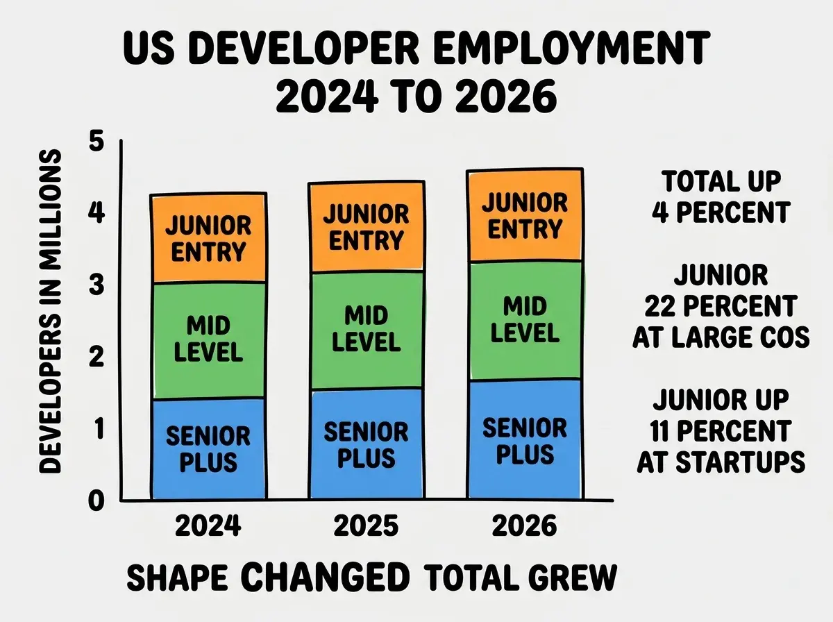 EXPLAINER DIAGRAM titled US DEVELOPER EMPLOYMENT 2024 TO 2026 shown as a stacked bar chart on a slate background. X-axis has three bars labeled 2024, 2025, 2026. Each bar has three colored segments. Bottom segment in blue labeled SENIOR PLUS shows growing height across years. Middle segment in green labeled MID LEVEL shows stable height. Top segment in orange labeled JUNIOR ENTRY shrinks slightly across years. Each bar total height grows slightly. Y-axis labeled DEVELOPERS IN MILLIONS goes up to 5. Side panel reads TOTAL UP 4 PERCENT, JUNIOR DOWN 22 PERCENT AT LARGE COS, JUNIOR UP 11 PERCENT AT STARTUPS. Footer reads SHAPE CHANGED, TOTAL GREW.
