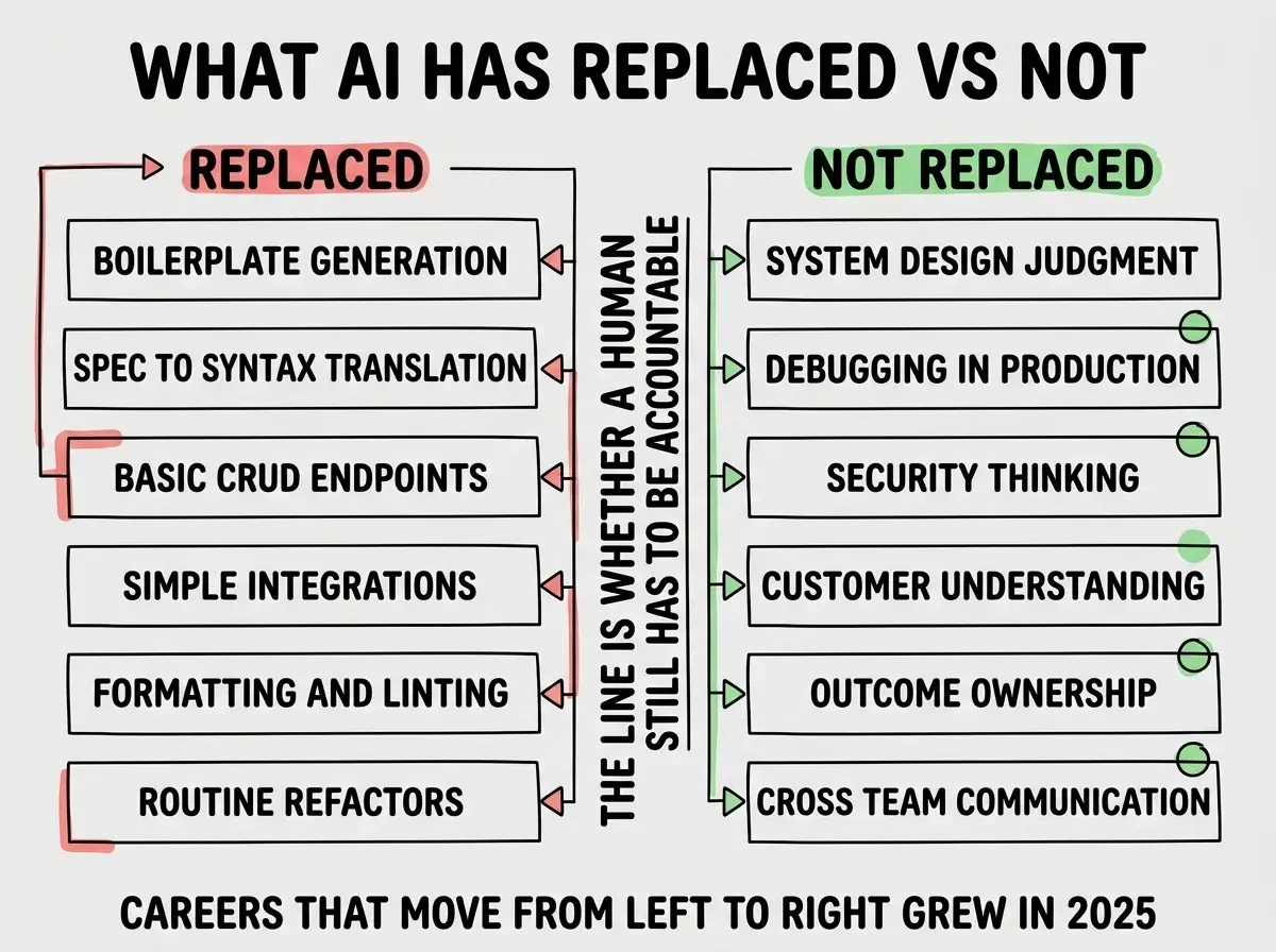 EXPLAINER DIAGRAM titled WHAT AI HAS REPLACED VS NOT shown as a horizontal split panel on a slate background. Left panel header REPLACED in red lists six items stacked: BOILERPLATE GENERATION, SPEC TO SYNTAX TRANSLATION, BASIC CRUD ENDPOINTS, SIMPLE INTEGRATIONS, FORMATTING AND LINTING, ROUTINE REFACTORS. Right panel header NOT REPLACED in green lists six items stacked: SYSTEM DESIGN JUDGMENT, DEBUGGING IN PRODUCTION, SECURITY THINKING, CUSTOMER UNDERSTANDING, OUTCOME OWNERSHIP, CROSS TEAM COMMUNICATION. Center divider has bold text reading THE LINE IS WHETHER A HUMAN STILL HAS TO BE ACCOUNTABLE. Footer reads CAREERS THAT MOVE FROM LEFT TO RIGHT GREW IN 2025.