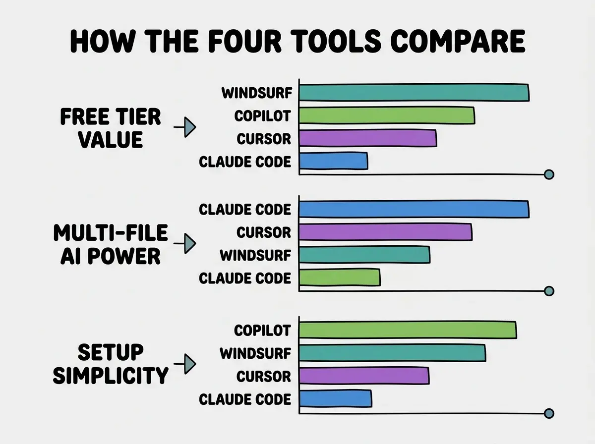 EXPLAINER DIAGRAM: A horizontal bar chart comparing four tools on three dimensions. Each tool (Cursor, Claude Code, Copilot, Windsurf) has three horizontal bars. First bar labeled FREE TIER VALUE shows Windsurf longest, then Copilot, then Cursor, then Claude Code shortest. Second bar labeled MULTI-FILE AI POWER shows Claude Code longest, then Cursor, then Windsurf, then Copilot shortest. Third bar labeled SETUP SIMPLICITY shows Copilot longest, then Windsurf, then Cursor, then Claude Code shortest. Each bar uses a different color for its tool.