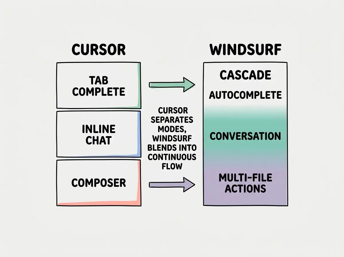EXPLAINER DIAGRAM: A side-by-side comparison layout with two columns. Left column is labeled CURSOR and shows three separate boxes stacked vertically: TAB COMPLETE, INLINE CHAT (Cmd+K), and COMPOSER, with clear dividing lines between them. Right column is labeled WINDSURF and shows a single tall box labeled CASCADE with three internal sections that blend into each other: AUTOCOMPLETE at top, CONVERSATION in middle, and MULTI-FILE ACTIONS at bottom, with gradient transitions between them instead of hard lines. Below both columns, a horizontal annotation reads: Cursor separates its AI modes while Windsurf blends them into a continuous flow.