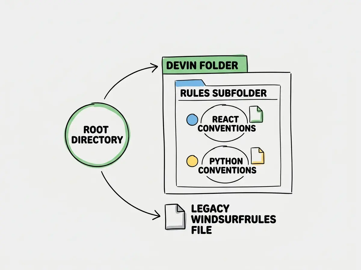 EXPLAINER DIAGRAM: File tree showing root directory with a devin folder containing a rules subfolder, which holds separate markdown files for react and python conventions, alongside a separate legacy windsurfrules file.