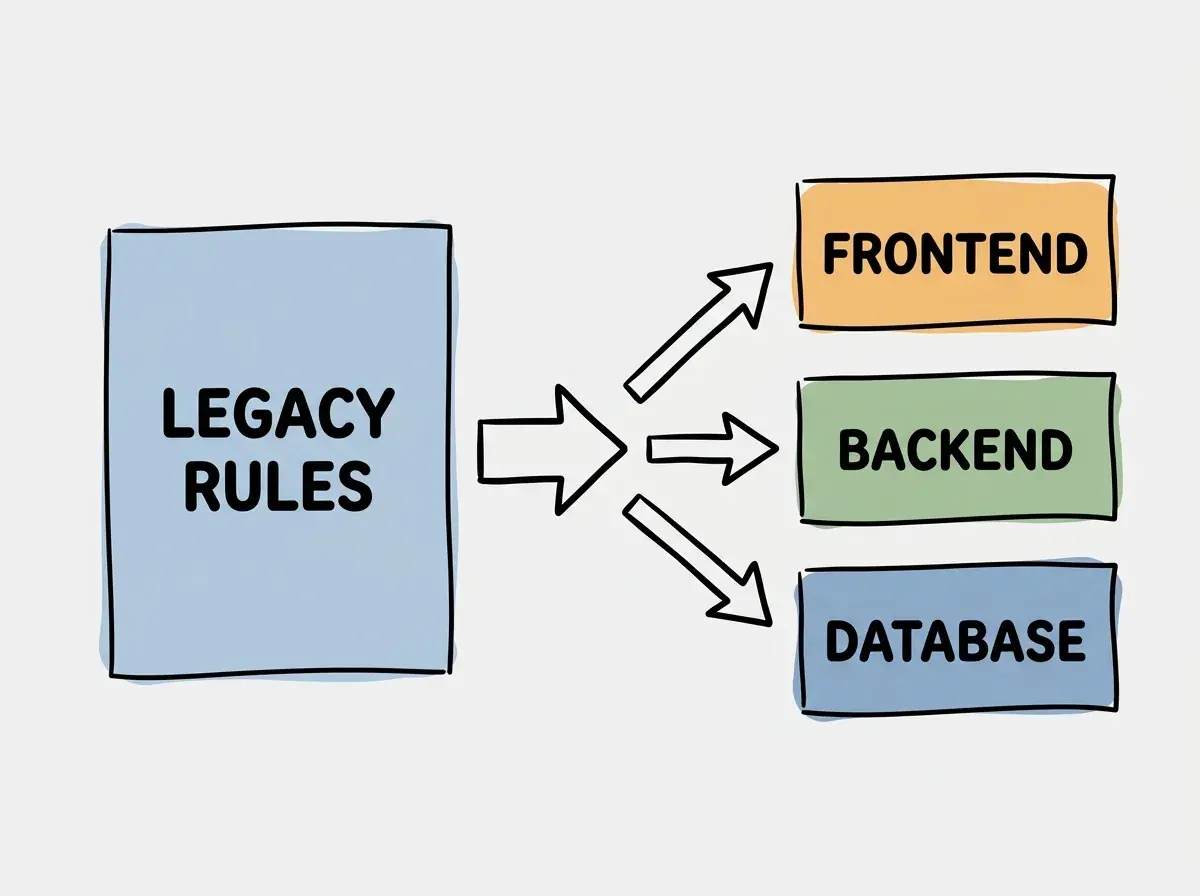EXPLAINER DIAGRAM: A large document labeled legacy rules being split into three smaller documents labeled frontend, backend, and database.