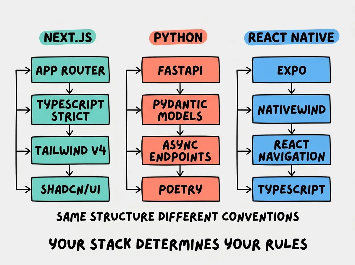 EXPLAINER DIAGRAM: Three vertical cards side by side, each representing a cursorrules file for a different stack. Left card labeled NEXT.JS in teal has five short sections: Identity (TS, Next 15, Tailwind), Structure (app, components, lib), Style (strict TS, named exports), Naming (PascalCase, camelCase), Do NOT (no default exports, no CSS modules). Middle card labeled PYTHON in coral has five sections: Identity (Python 3.12, FastAPI, SQLAlchemy), Structure (api, models, schemas, services), Style (type hints, async, Pydantic), Naming (snake_case files, PascalCase classes), Do NOT (no print, no raw dicts). Right card labeled REACT NATIVE in purple has five sections: Identity (TS, Expo 52, React Navigation), Structure (app, components, hooks, stores), Style (functional only, Zustand, StyleSheet), Naming (PascalCase screens, use prefix hooks), Do NOT (no class components, no Redux). A horizontal bar below all three reads SAME FIVE SECTIONS, DIFFERENT STACK-SPECIFIC CONTENT.