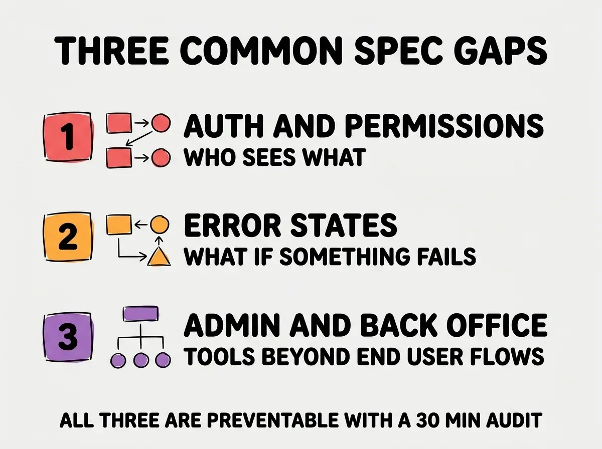 EXPLAINER DIAGRAM titled THREE COMMON SPEC GAPS shown as a vertical numbered list on a slate background. Three rows. Row 1 red badge AUTH AND PERMISSIONS sublabel WHO SEES WHAT, OFTEN MISSING. Row 2 orange badge ERROR STATES sublabel WHAT IF SOMETHING FAILS. Row 3 purple badge ADMIN AND BACK OFFICE sublabel TOOLS BEYOND END USER FLOWS. Footer reads ALL THREE ARE PREVENTABLE WITH A 30 MIN AUDIT.